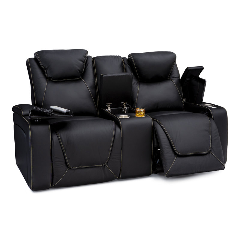 Latitude Run® 75'' Wide Genuine Leather Home Theater Loveseat with Cup